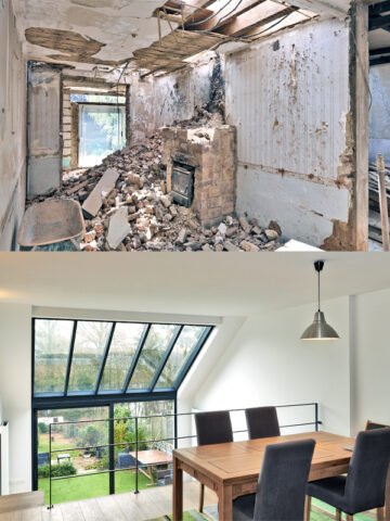 een foto van renovatie in beek met een foto van voor de verbouwing en erna